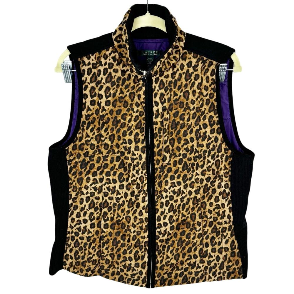 Lauren Ralph Lauren Leopard Print High Neck Sleeveless Quilted Puffer Vest Large